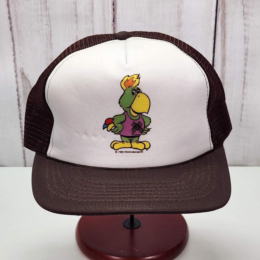 Pax 1985 Pan Am Games Indianapolis Trucker Hat Brown Snapback Cap Amigo Parrot